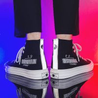 枫述黑色帆布鞋男高帮鞋子男2021年新款秋款透气休闲夜光韩版潮流板鞋