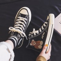 枫述悦迪朵小熊帆布鞋女秋季薄款百搭2021年新款高帮板鞋韩版小众设计布鞋子