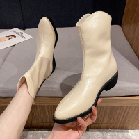 枫述靴子女2021新款马丁短靴粗跟春秋单靴英伦尖头复古中跟西部牛仔靴