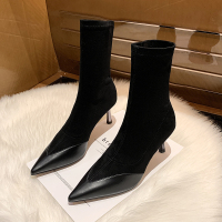 苏芈中筒弹力袜靴女2021新款秋冬季时尚尖头中跟短靴细跟高跟鞋瘦瘦靴