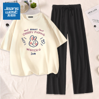 真维斯短袖t恤女纯棉宽松潮ins夏季休闲套装韩版潮流冰丝裤两件套