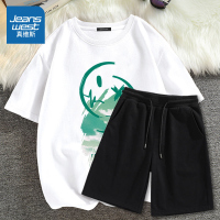 真维斯男士套装夏装薄款冰丝休闲五分裤子街头涂鸦短袖短裤两件套