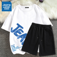 真维斯运动套装男2022年夏季韩版潮流T恤轻薄冰丝五分中裤两件装