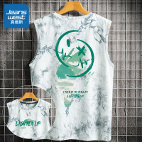 真维斯扎染无袖t恤男夏季纯棉宽松大码背心欧美街头潮胖坎肩汗衫