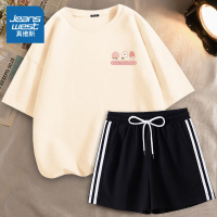 真维斯运动休闲套装女夏季奶白色短袖t恤大码胖mm短裤潮流两件套