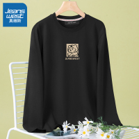 真维斯长袖t恤女黑色纯棉潮流小老虎印花夏季新款宽松大码打底衫