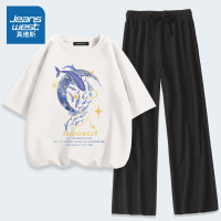 真维斯短袖女夏季ins小众设计感t恤2022新款潮流冰丝裤运动两件套