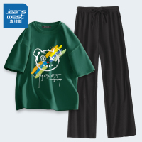 真维斯短袖t恤女夏季绿色宽松纯棉体恤衫新款休闲冰丝裤运动套装