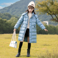 小白熊女童羽绒服中长款2021年冬装新款潮牌过膝中大童亮面羽绒服
