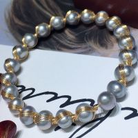 灰珍珠绕丝手镯 天然珍珠手链包金工艺手工绕制可调节手镯百搭首饰时尚简约大气款