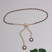 黑色皮绳珍珠吊坠金色 时尚腰链女花瓣链条装饰连衣裙配饰衬衫休闲pu合金挂钩束腰韩版潮