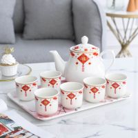 迎春接福1升壶6杯赠彩盘 北欧陶瓷水具套装茶壶茶杯客厅耐高温过滤冷水壶婚庆茶具大容量