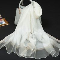 纯色米白色 丝巾女高档真丝桑蚕丝纱巾长韩版羊毛洋气围巾春秋披肩妈妈款刺绣