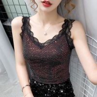 红色[8035] XL 建议113-123斤 2022洋气亮片吊带背心女性感V领蕾丝打底外穿无袖上衣内搭小衫女T