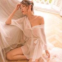 白色(腰带款) 收藏送T裤 160(M) 白色女士情调夏季薄款衬衣男友风衬衫春秋性感睡衣中长款冰丝睡裙