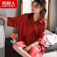 50210绣红 M 建议85-105斤 冰丝睡裙夏季薄款短袖宽松性感衬衫家居服夏天女士丝绸睡衣
