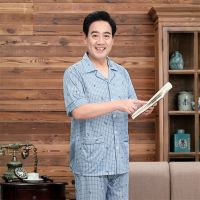 1-38-15蓝色小格子 L 码100-125斤 男士睡衣男中老年爸爸夏季短袖薄款加大码春秋家居服男式夏天套装