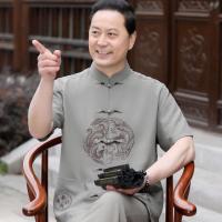 龙凤卡其色[套装] 39/165[建议90-115斤穿] 短袖中老年唐装男士中国风汉服休闲冰丝套装爸爸装夏季速干衬衫款