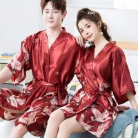 仙鹤(单袍情侣)酒红色 女M-男L 春秋季睡袍真丝情侣浴袍丝绸睡衣女睡裙夏季男短袖冰丝浴袍家居服