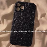 黑底 Xs Max ins皮纹印压KT猫iPhone13/12promax苹果11手机壳xs/xr/xsmax女款