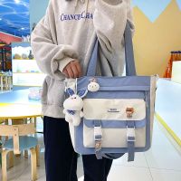 蓝色+手提[双兜加厚耐磨防水] 单包 ins风帆布包女斜挎包大容量学生上课手提拎书袋补课装书单肩包夏