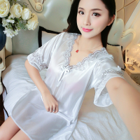 白色 QMS-329#白色 160(M) 80-100斤 睡裙女夏冰丝薄款性感丝绸短袖打底中裙粉色仿真丝家居服雪纺睡衣