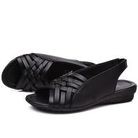 211黑色 35 夏季中年软皮妈妈鞋凉鞋软底中老年平跟大码平底女士防滑凉拖鞋