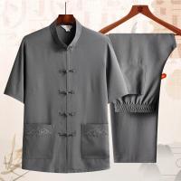 五扣深灰色[套装] 39/165[建议90-115斤] 中老年唐装男士爷爷夏季短袖中国风老人衣服棉麻套装爸爸夏装衬衫