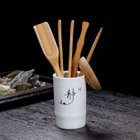 [特价]哑光-静字+[竹制五件套] 茶具六君子功夫茶具零配件陶瓷茶筒白瓷茶道茶夹茶勺茶盘摆件套装