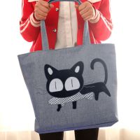灰色猫咪 带拉链大帆布包女单肩包妈咪购物袋健挎环保手提袋学生书包