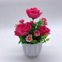 玫红 玫瑰花+花盆 假花装饰客厅摆件仿真花绢花小盆栽卧室茶几桌面布景房间装饰品