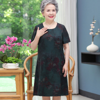 墨绿色 XL(建议80-105斤左右) 中老年人夏季连衣裙短袖中长款妈妈裙子过膝长裙奶奶装气质圆领女