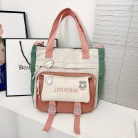 橘色+徽章 手提袋学生拎书袋初中生帆布包女斜挎包大容量上课补课装书单肩包