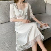 复古法式短袖优雅睡裙白色 S80-95斤 夏性感真丝复古宫廷风睡衣女夏季冰丝带胸垫短袖睡裙蕾丝绸高级感