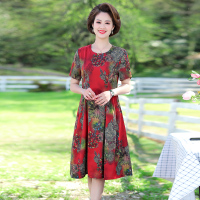 红色 XL 中年妈妈夏装短袖连衣裙洋气40岁50中老年人女阔太太高贵过膝裙子