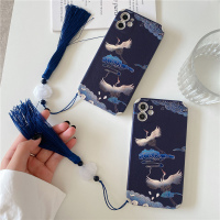 苹果13 浮雕羊皮 祥云两只仙鹤+白玉蓝流苏 中国风适用11Pro/Max苹果x手机壳xr/xs/iphone13pro