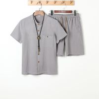 M802灰色 M 夏季短袖唐装男棉麻套装中国风男士爸爸装中老年衣服爷爷男装上衣