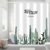 淡雅仙人掌 帘宽120高180+碳钢杆(无挡水条 磁性浴帘套装浴免打孔伸缩杆浴室隔断帘浴帘布防水挂帘门帘挂帘子