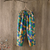 九分印花[绿几何] XXL 夏季宽松薄款妈妈裤子女裤高腰中老年直筒中年棉麻女装休闲夏装