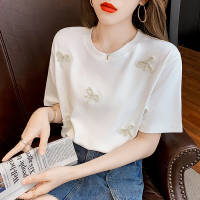 白色 S 白色T恤女短袖夏装设计感重工钉珠上衣洋气宽松百搭体恤半袖ins潮