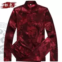 红色 165 春夏季中老年唐装男士长袖套装爸爸装中国风中式大码衬衫外套礼服