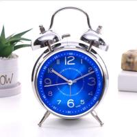 蓝色镭射面 创意金属打铃静音闹钟夜灯学生儿童时尚简约卧室小闹钟