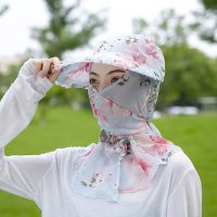 蓝色牡丹 均码 雪纺花朵防晒帽夏季圆顶大檐休闲丝巾面罩口罩春游防风防紫外线帽