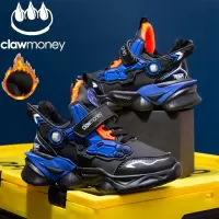 Claw money儿童鞋男童秋冬季加厚运动鞋小学生皮面加绒机甲风鞋子