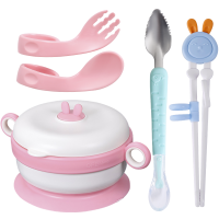 希艺欧婴儿碗勺套装宝宝注水保温碗辅食工具全套硅胶勺儿童餐具五件套颜色随机