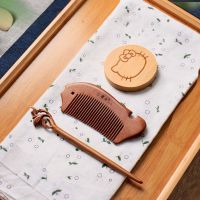 桃木鱼+小桃花发簪+猫咪镜 桃木镜子梳子簪子随身携带迷你梳镜套装镜子化妆女生木梳子礼物