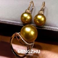 浓金色南洋金珠耳钩 南洋金珍珠戒指耳钩耳环套装玫瑰金镶钻石天然浓金色正圆海水