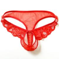 红色 M 男士性感开裆内裤开洞情趣免脱全透明诱惑超薄蕾丝潮男露pp丁字裤