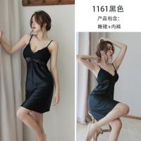 黑色(无胸垫) M码(80/120) 带胸垫吊带睡裙性感女睡衣蕾丝诱惑透明迷人雪纺长裙连衣裙
