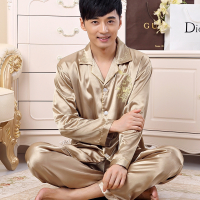 0865长袖龙凤刺绣香槟色-男款 L 春秋夏季冰丝睡衣男女士情侣薄款韩版仿真丝绸两件套装长袖家居服